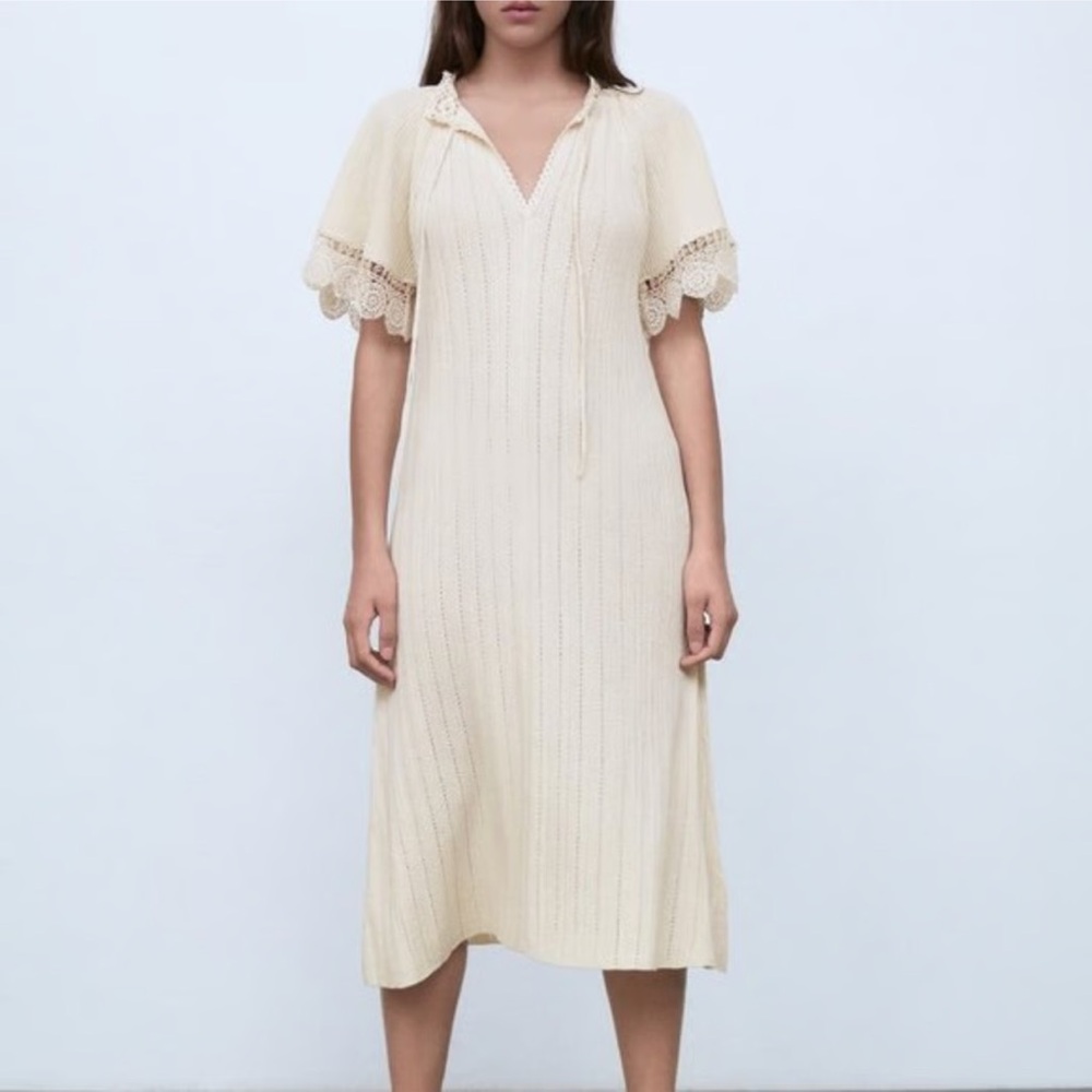 Zara NEW Pointelle Knit Guipure Lace Crochet Midi Dress Cream Ecru‎ Size Small